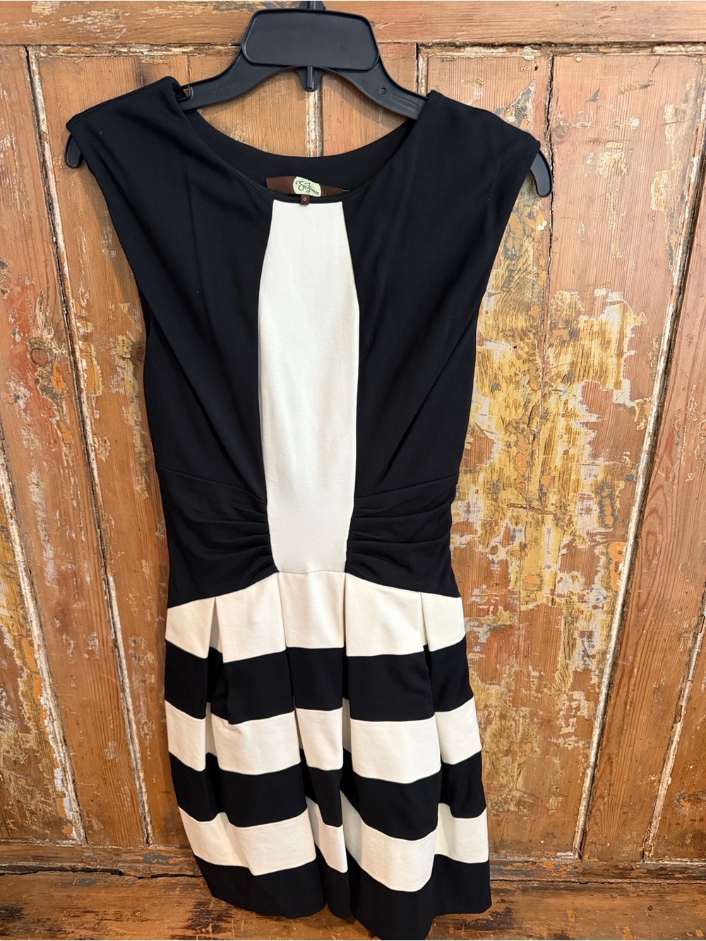 Eva Franco Black and Cream Striped Fit-and-Flare Dress